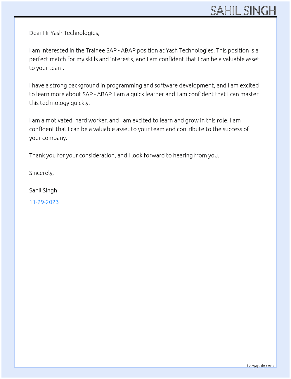Trainee SAP - ABAP At Yash Technologies Cover Letter