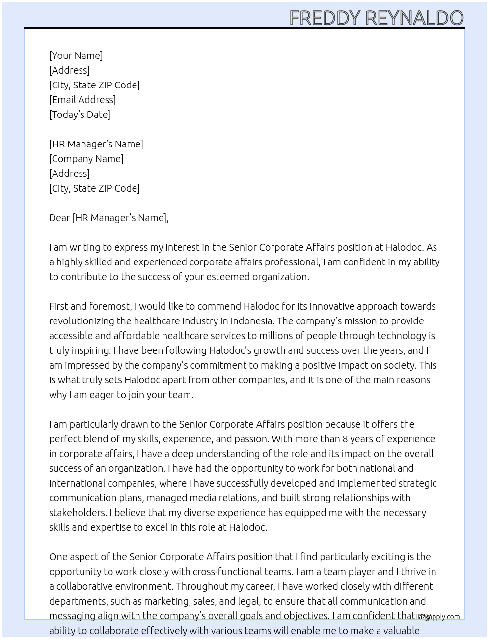 Senior Corporate Affairs At Halodoc Cover Letter