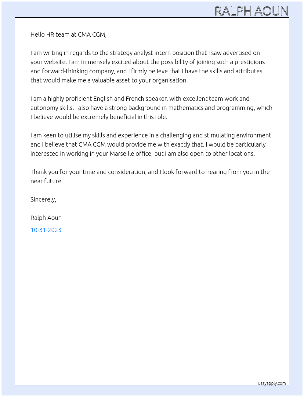 Strategy analyst intern At CMA CGM Cover Letter