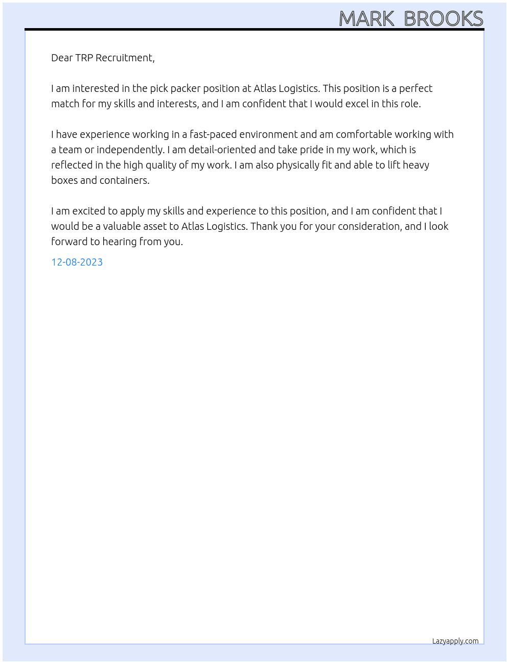 Pick Packer At Atlas Logistics Cover Letter