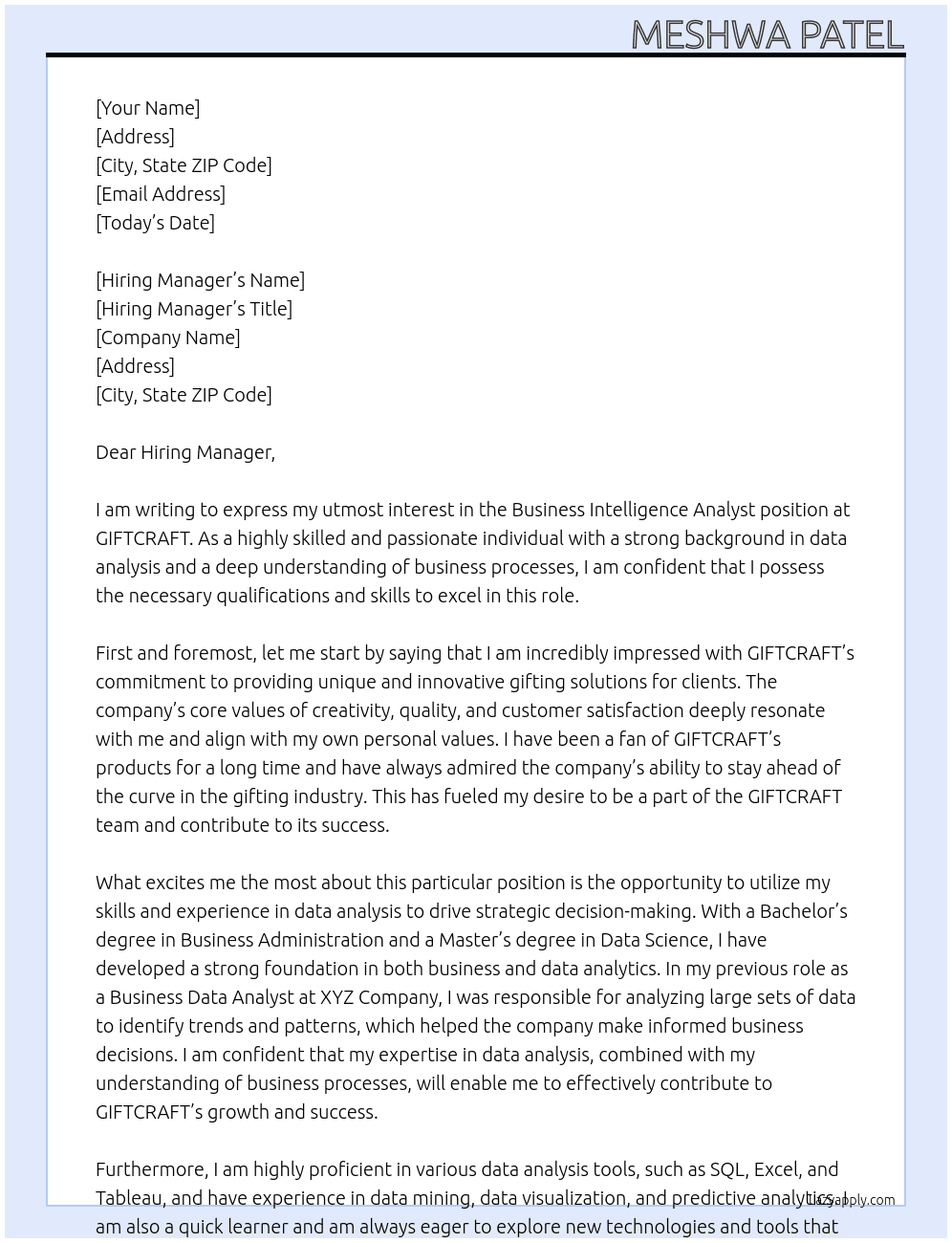 Business Intelligence Analyst At GIFTCRAFT Cover Letter