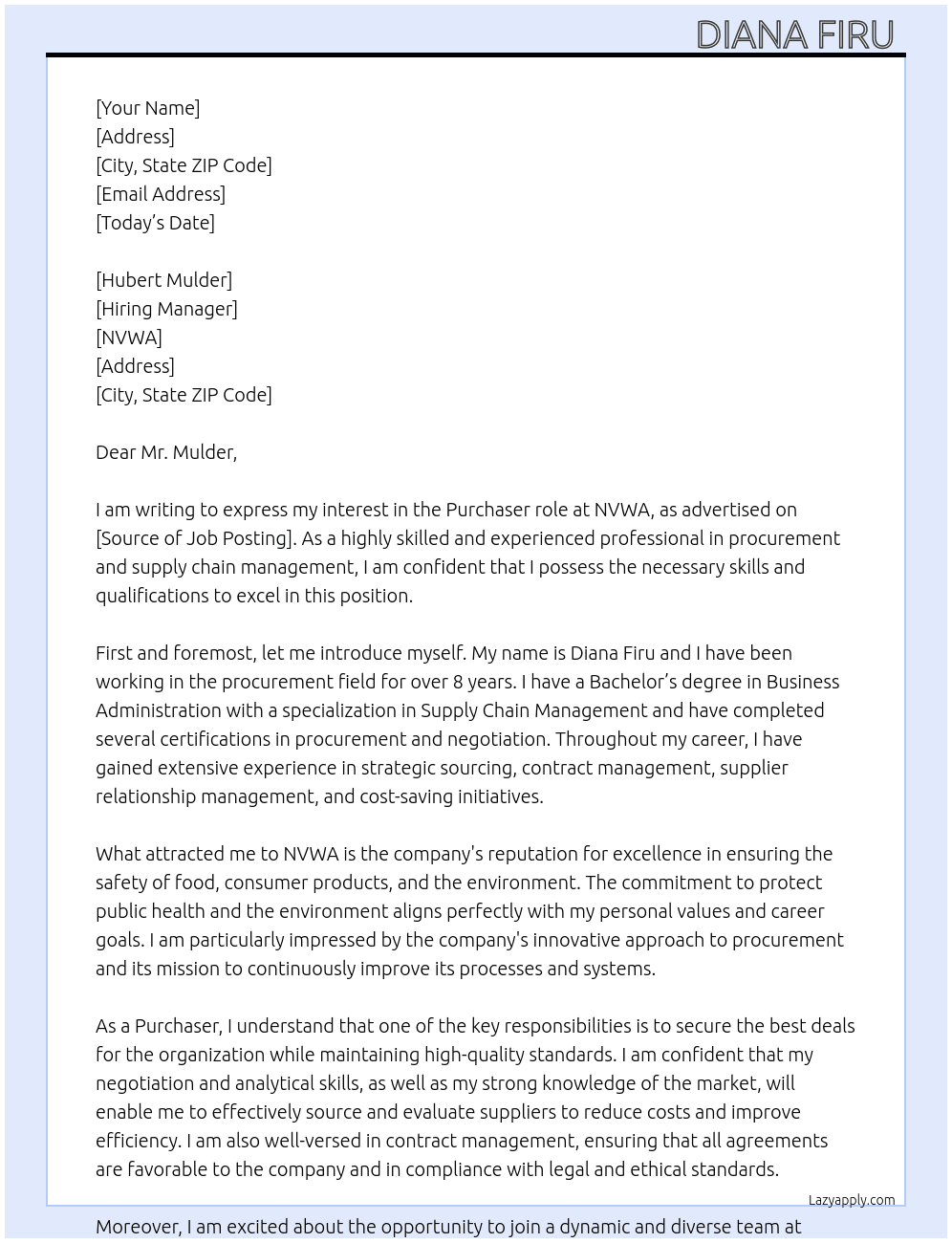 Purchaser  At NVWA Cover Letter