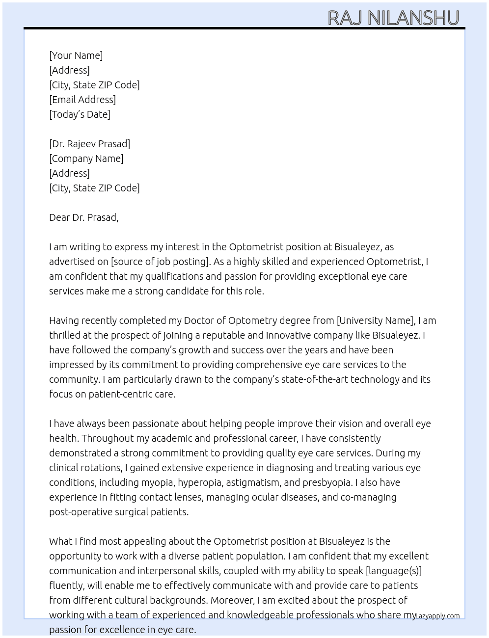 Optometrist  At Bisualeyez Cover Letter
