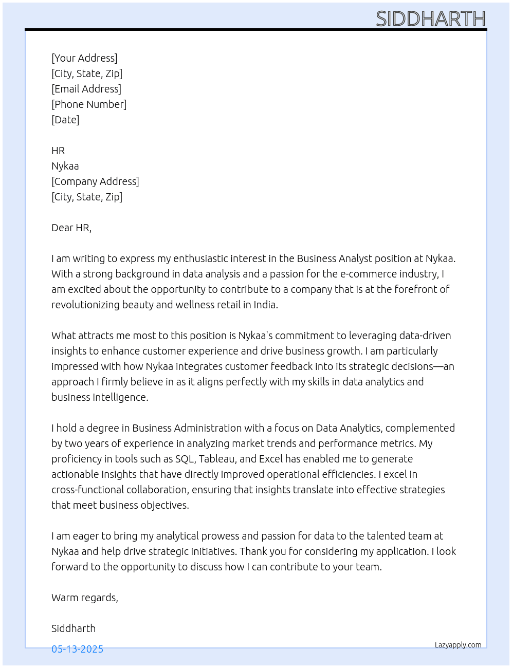 bussiness analyst  At nykaa Cover Letter