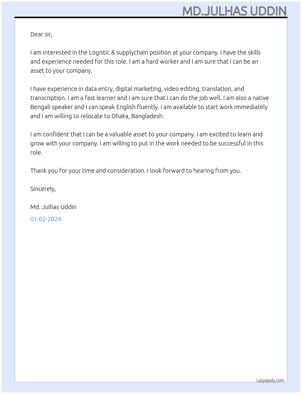 Logistic & supplychain At arrotdar Cover Letter