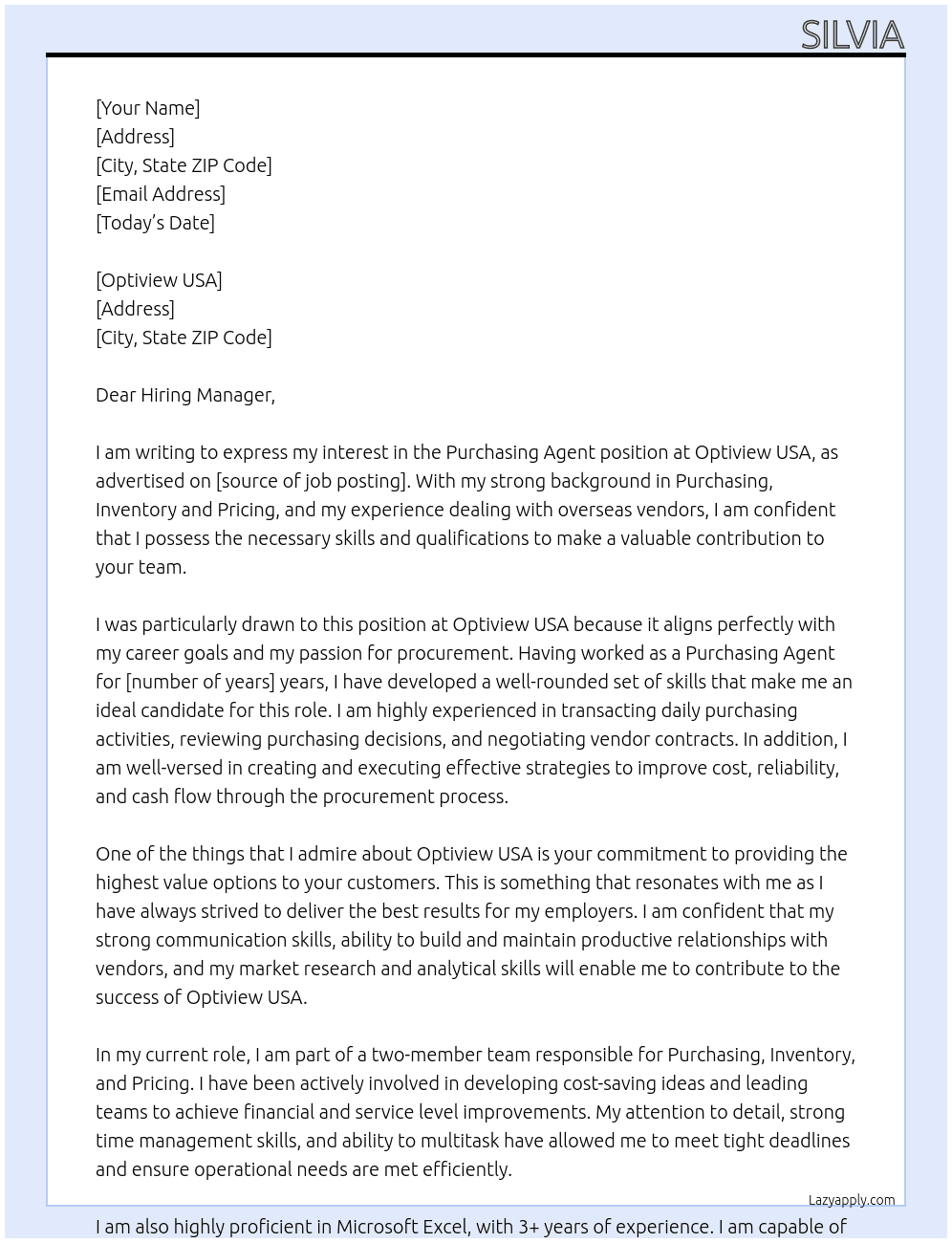 Purchasing Agent At Optiview USA Cover Letter