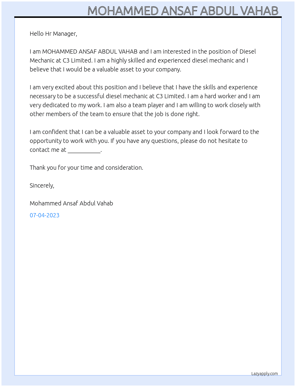 Diesel Mechanic  At C3 Limited  Cover Letter