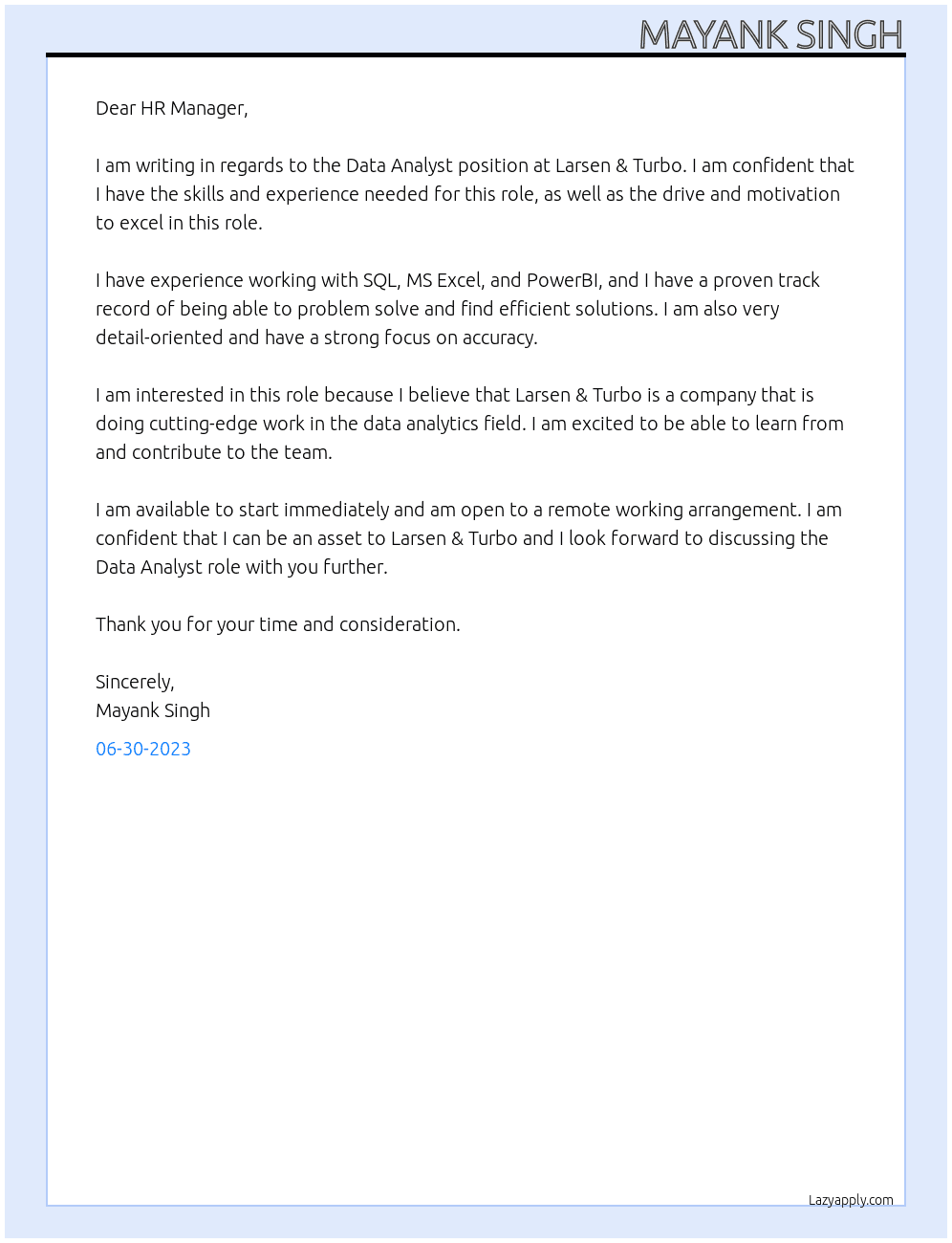 Data Analyst  At larsen & Turbo Cover Letter