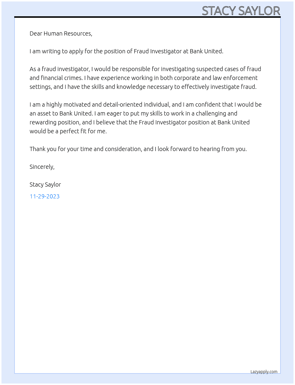 Fraud Investigator At Bank United Cover Letter