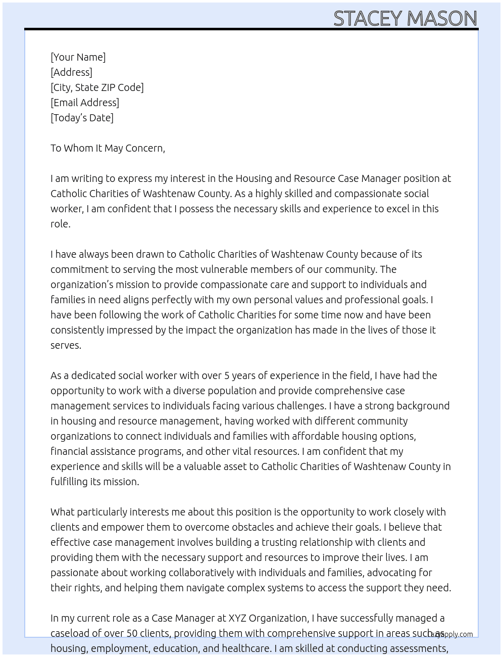 Housing and Resource Case Manager At Catholic Charities of Washtenaw County Cover Letter