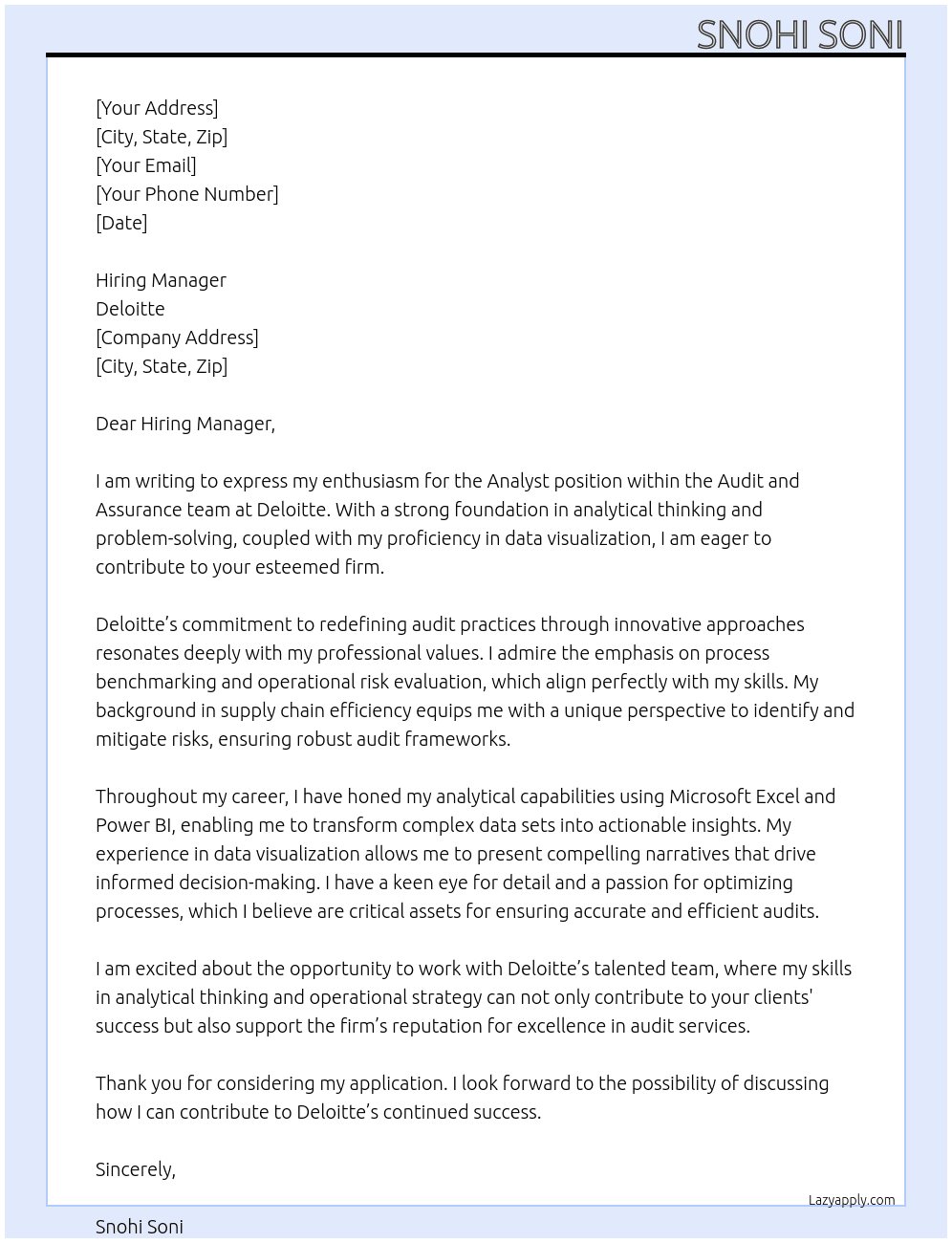 Analyst or equivalent At Deloitte Cover Letter
