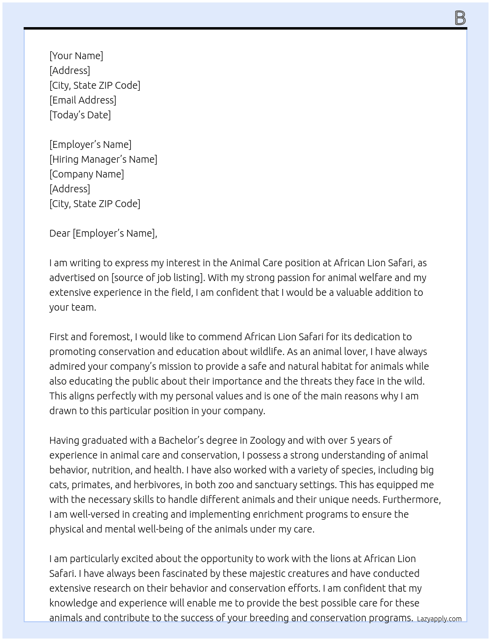 Animal Care At African Lion Safari Cover Letter