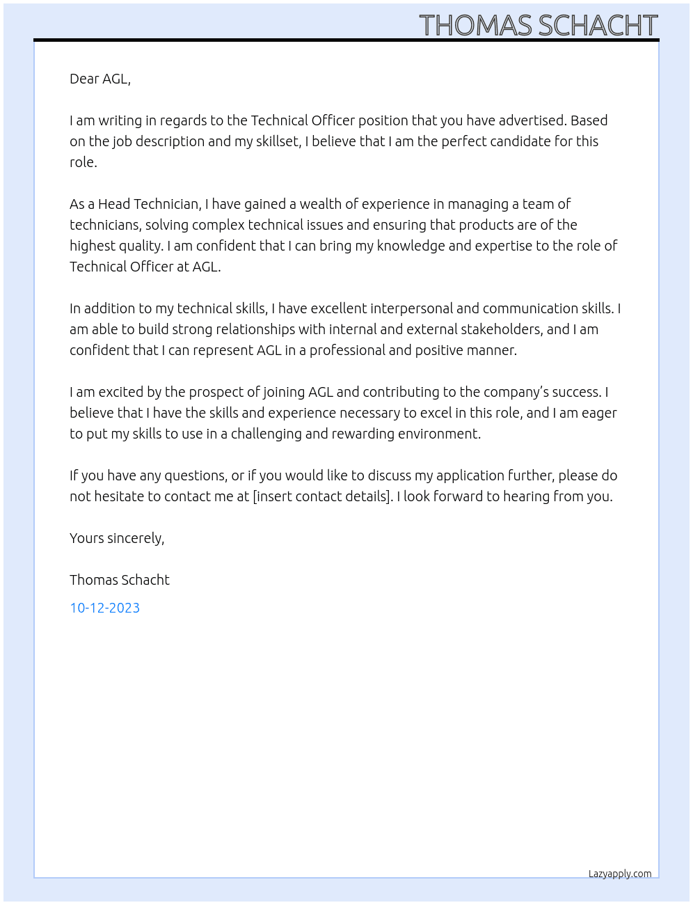 Technical Officer At AGL Cover Letter