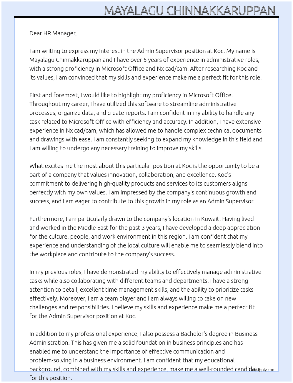 Admin supervisor  At Koc Cover Letter