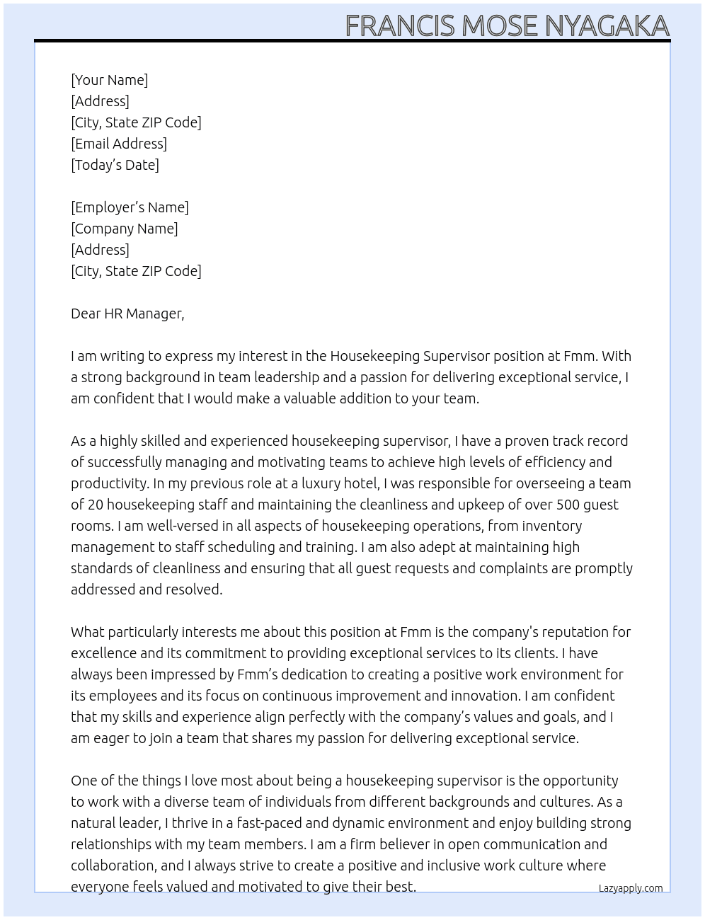 Housekeepong supervisor At Fmm Cover Letter