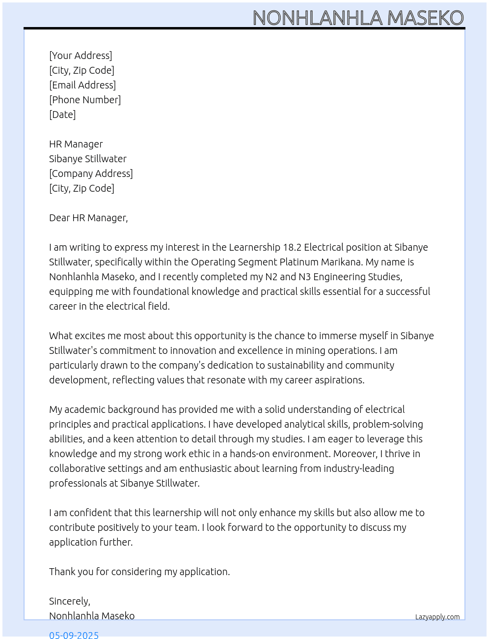 Cover letter for learnership 18.2 electrical - LazyApply