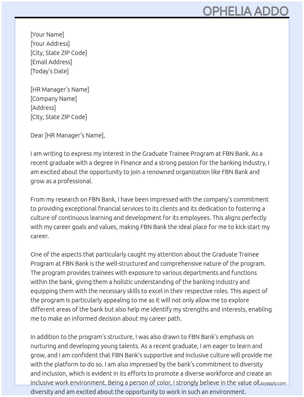Graduate trainee program  At Fbn bank Cover Letter