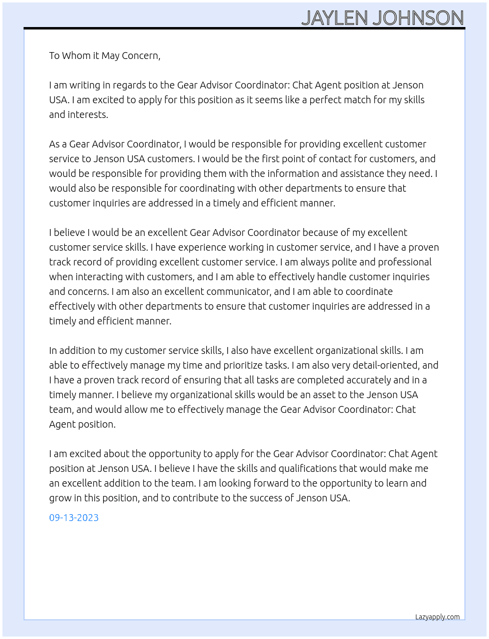 Gear Advisor Coordinator: Chat Agent At Jenson USA Cover Letter