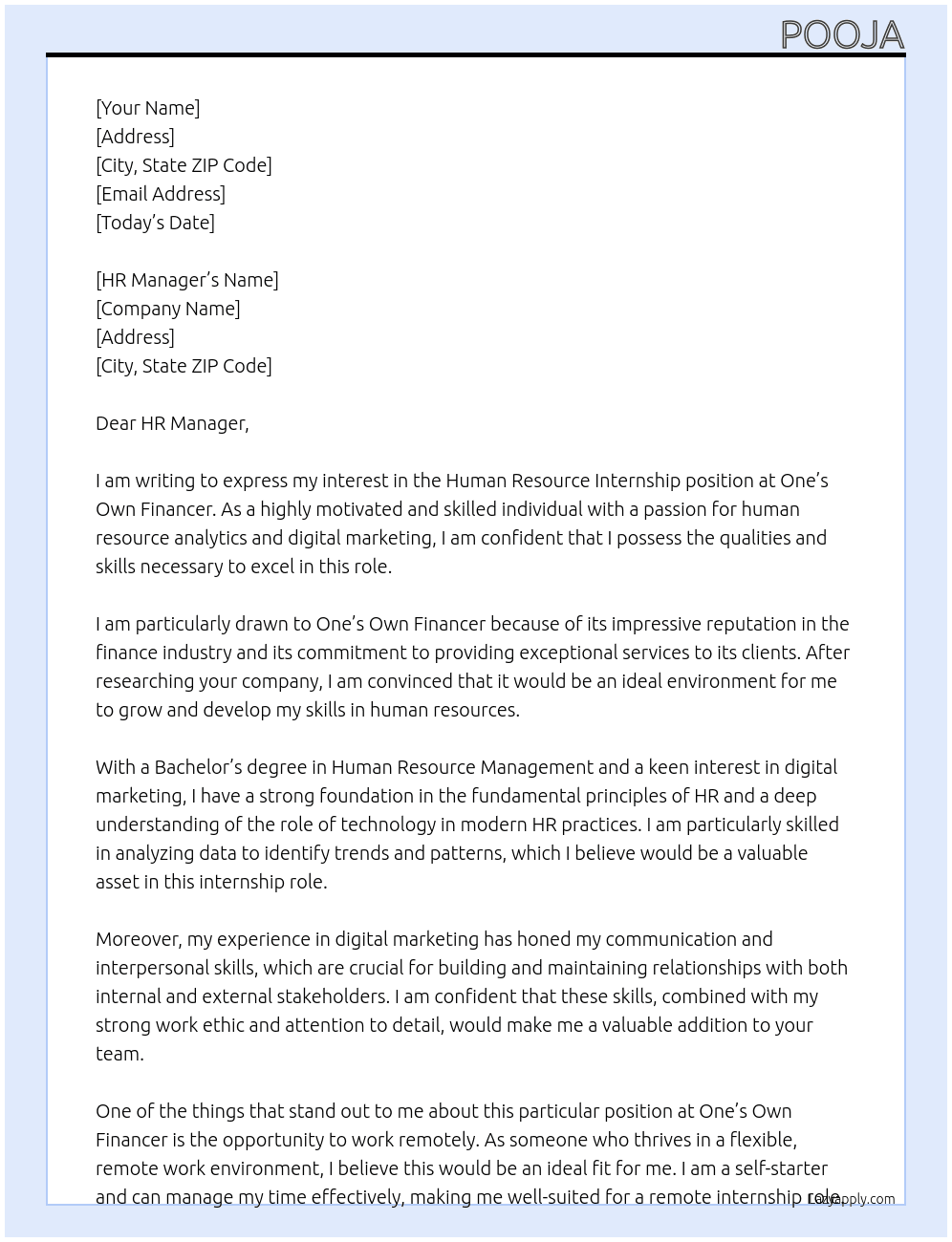 Human resource internships  At One's own financer Cover Letter