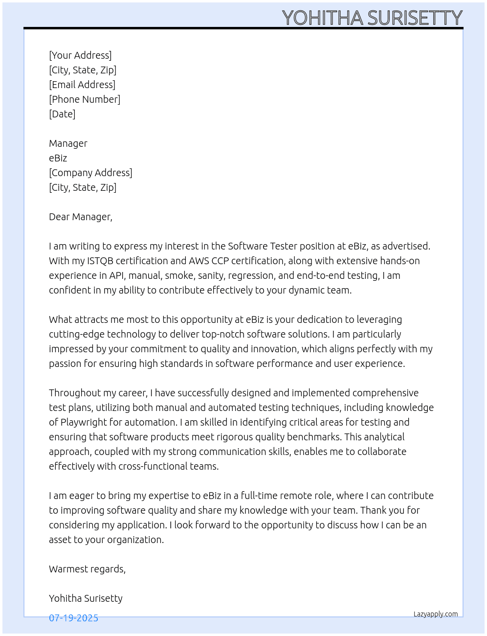 Software Tester At eBiz Cover Letter