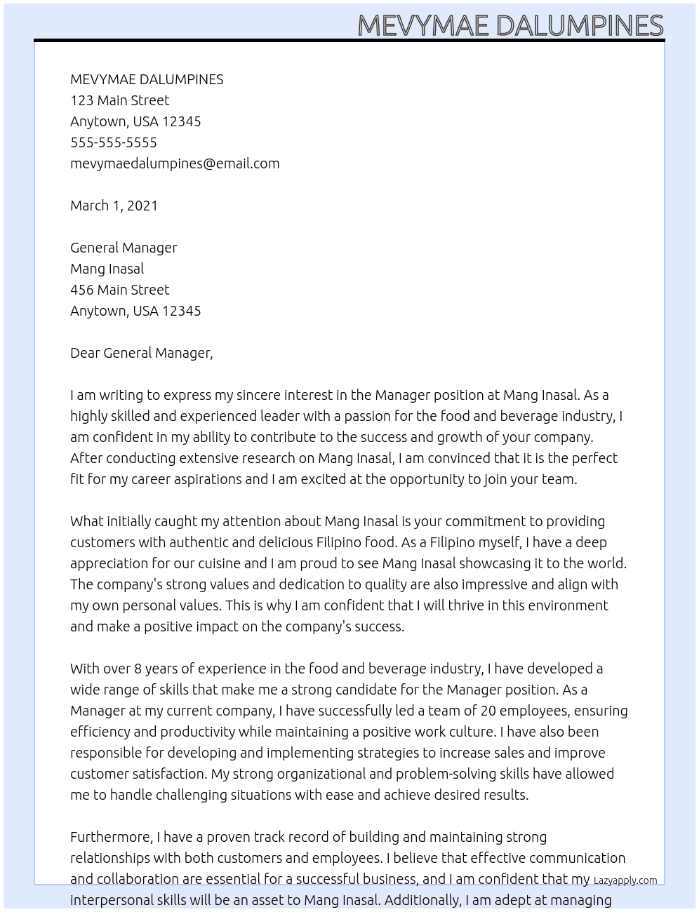 manager At MANG INASAL Cover Letter