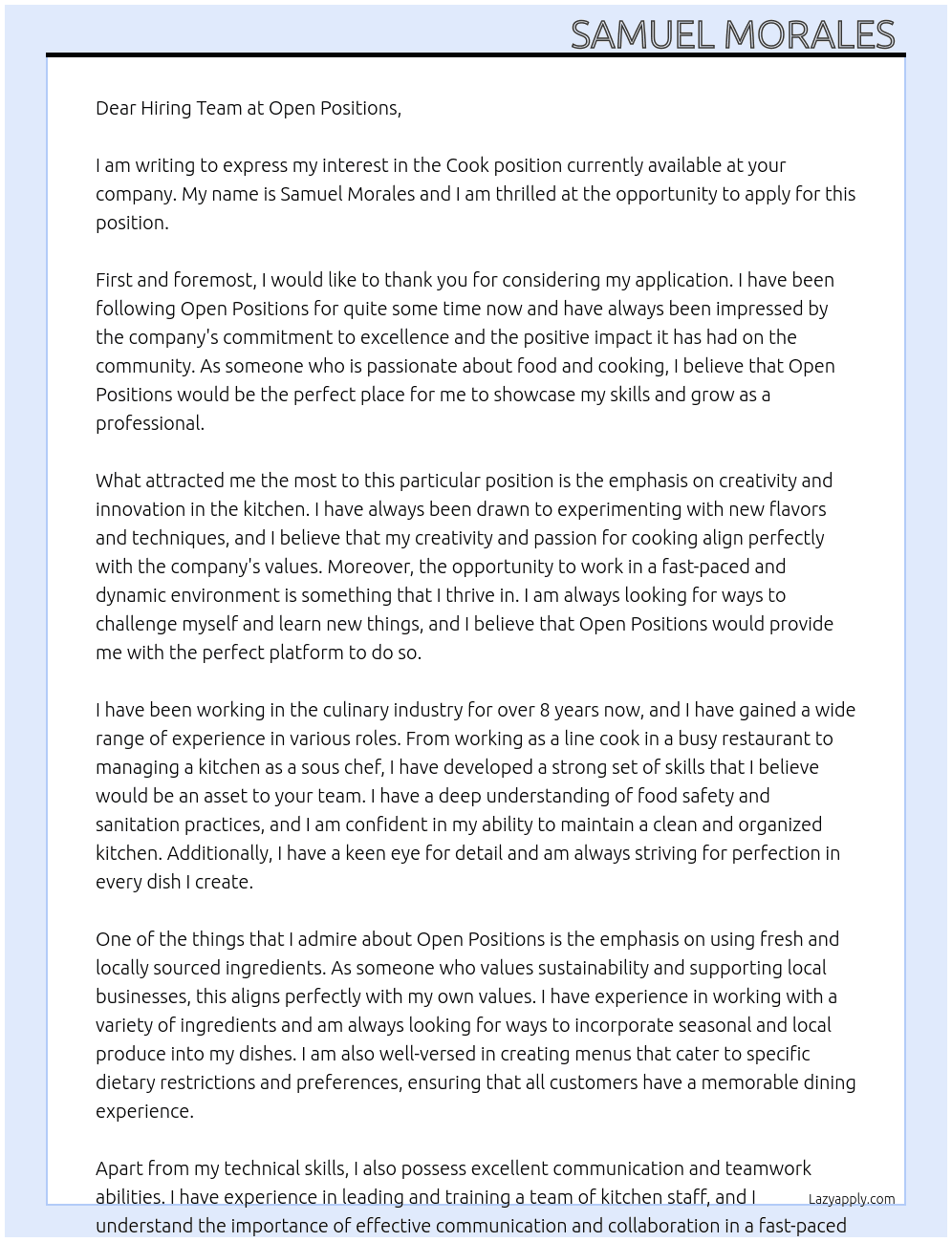 Cook At Open positions Cover Letter