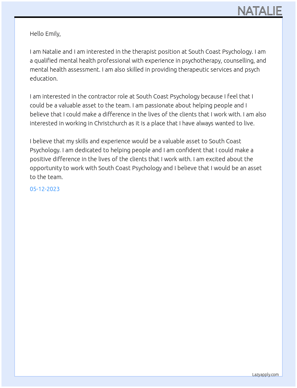 therapist At South Coast Psychology Cover Letter