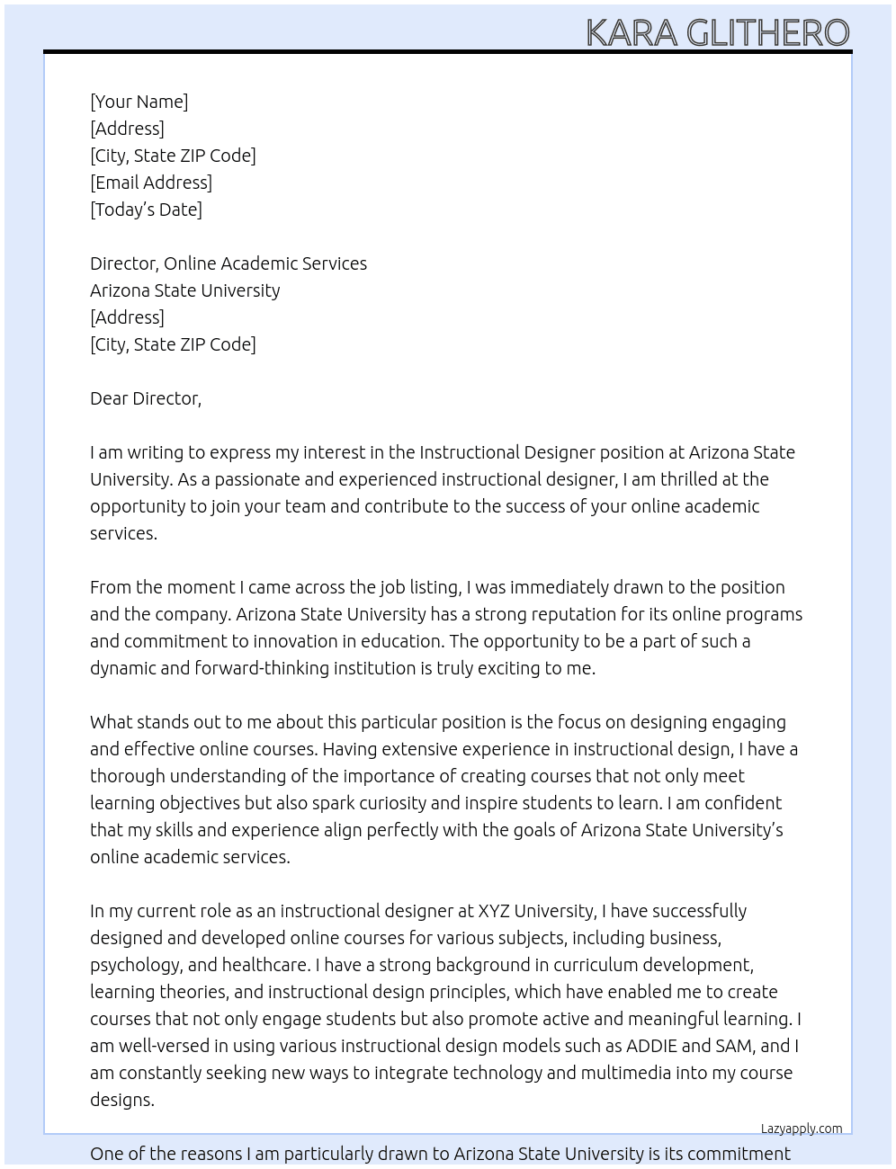 Instructional Designer At Arizona State University Cover Letter