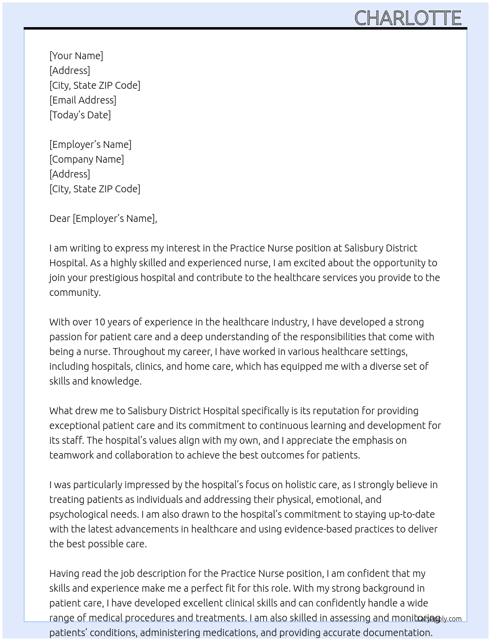 Practice nurse At Salisbury District Hospital  Cover Letter