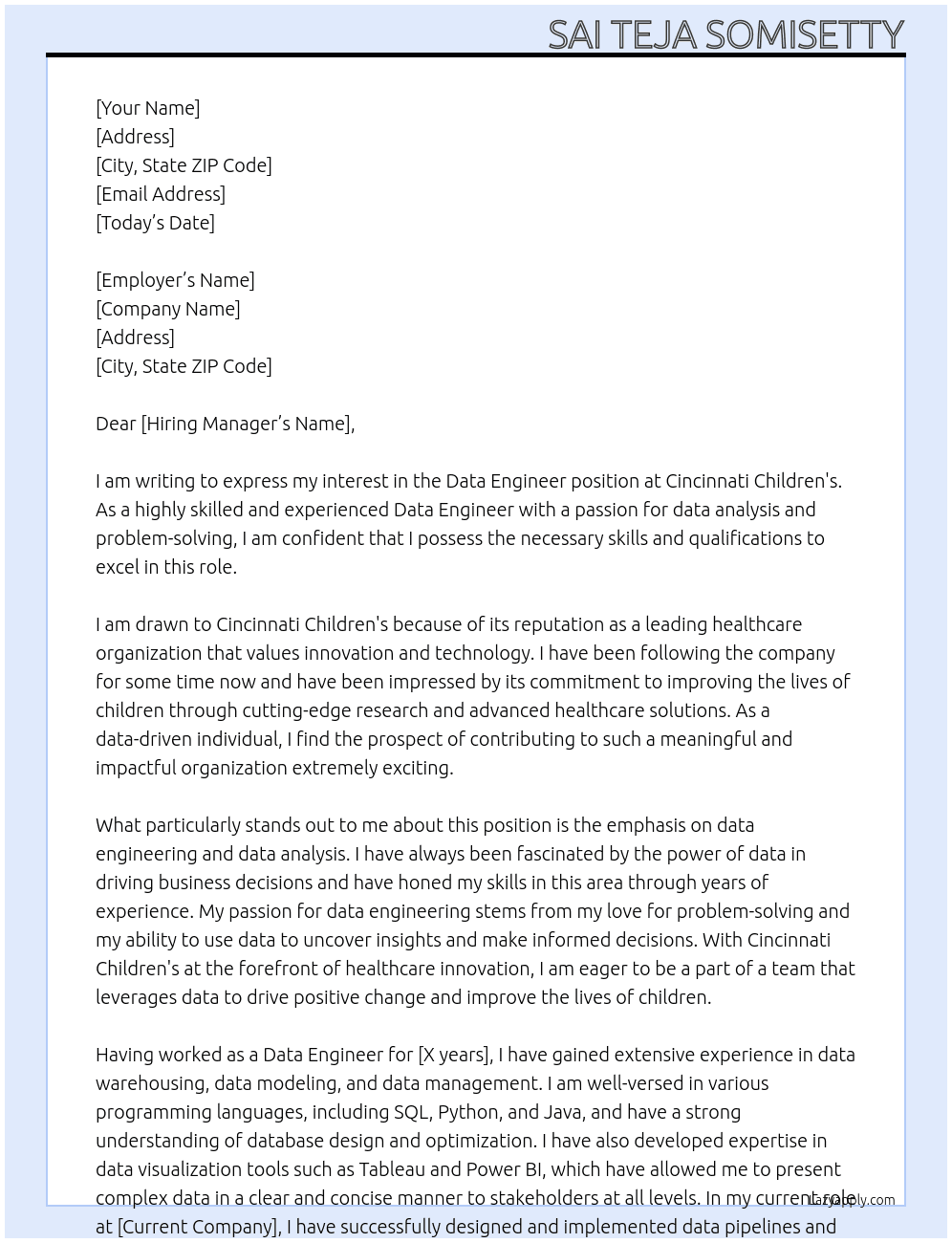 Data Engineer At Cincinnati Children's Cover Letter