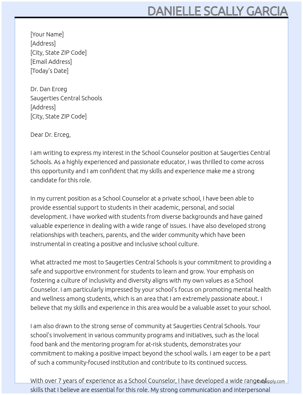School Counselor At Saugerties Central Schools Cover Letter