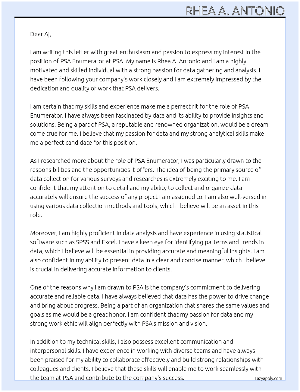 PSA Enumerator At PSA Cover Letter
