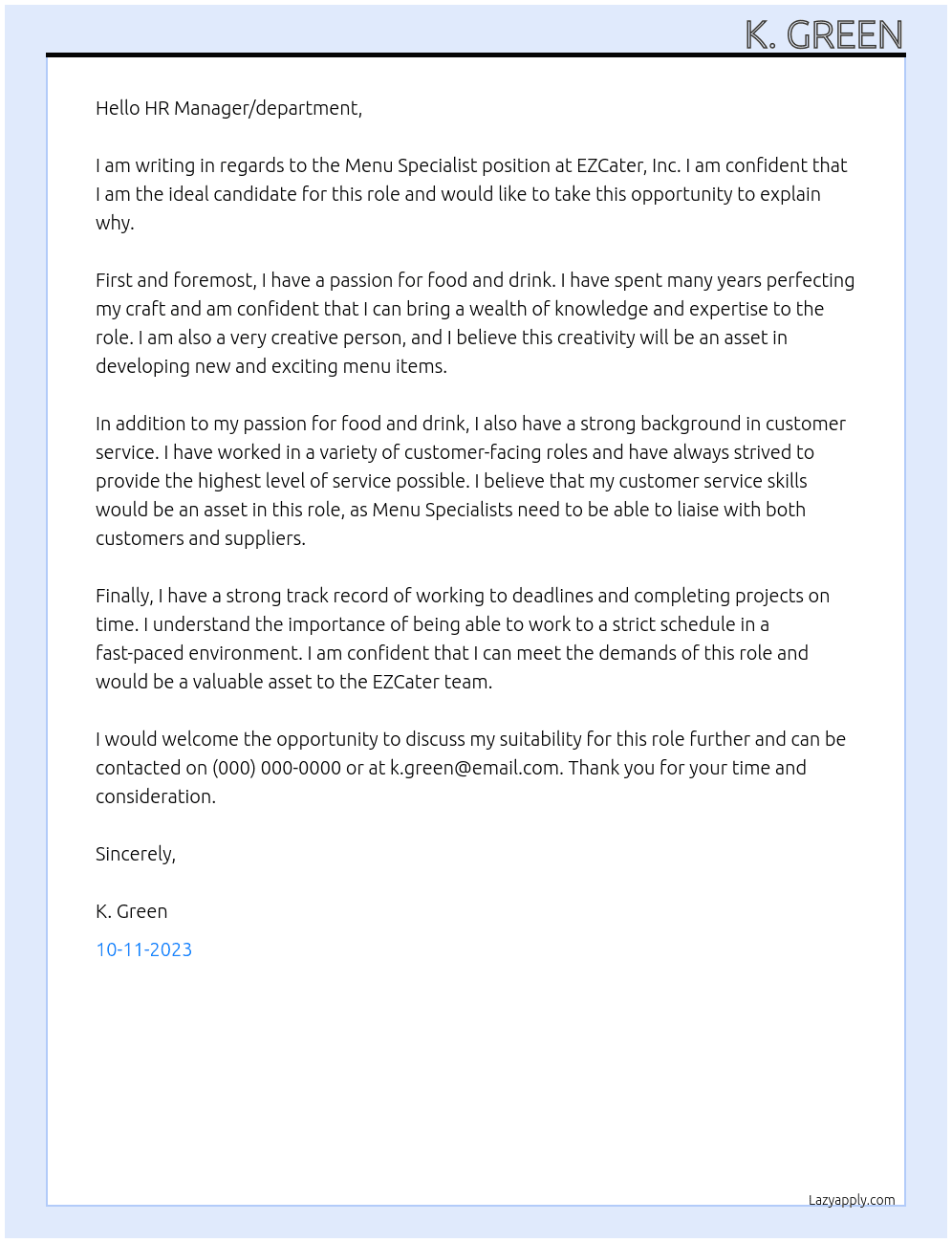 Menu Specialist At EZCater, Inc. Cover Letter