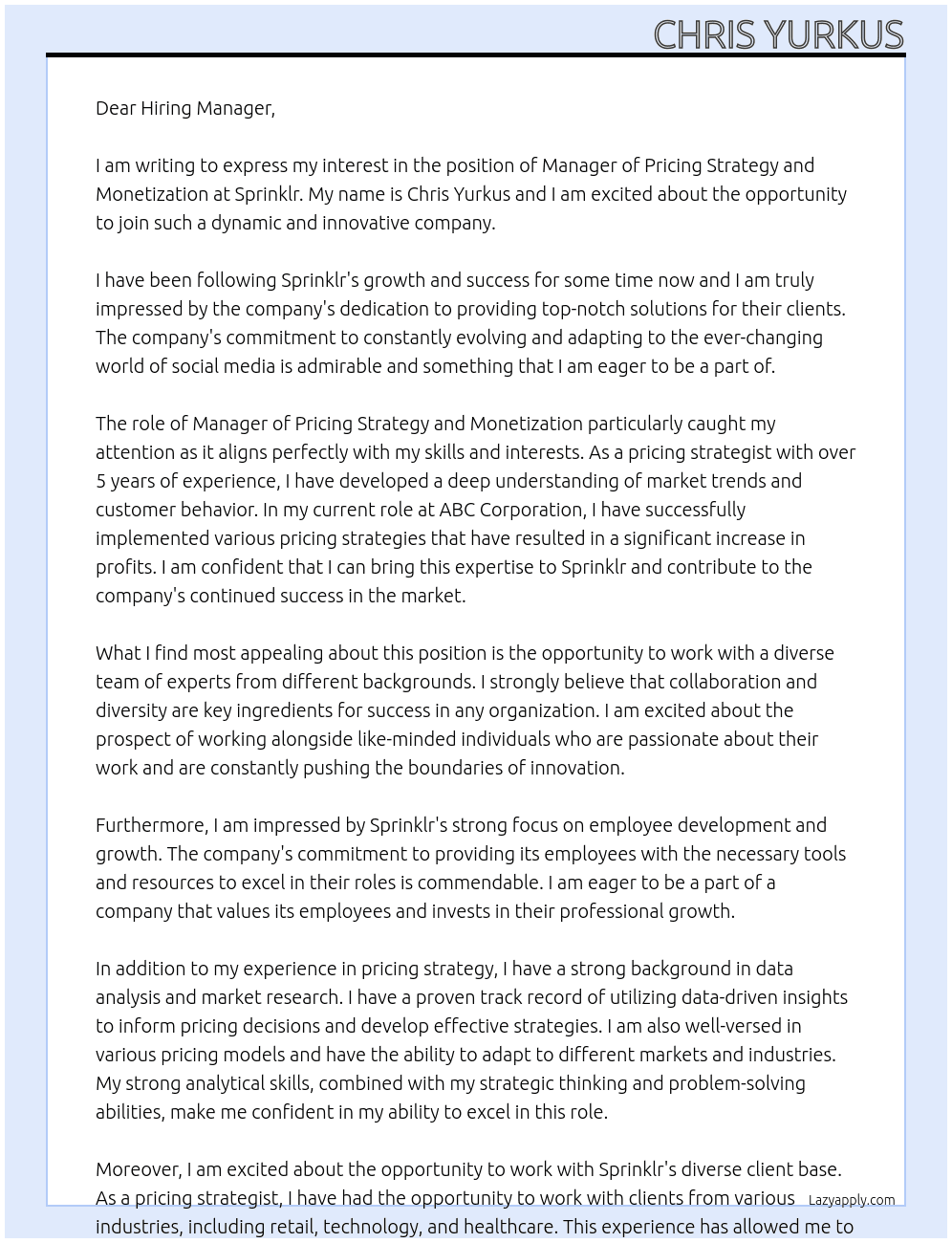 Manager of Pricing Strategy and Monetization At Sprinklr Cover Letter