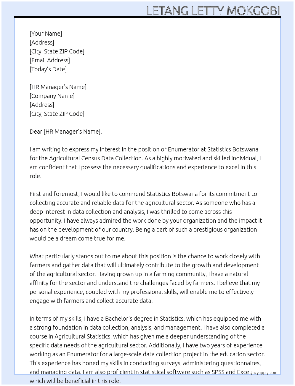 Enumerator At Statistics Botswana(Agricultural Census Data Collection) Cover Letter