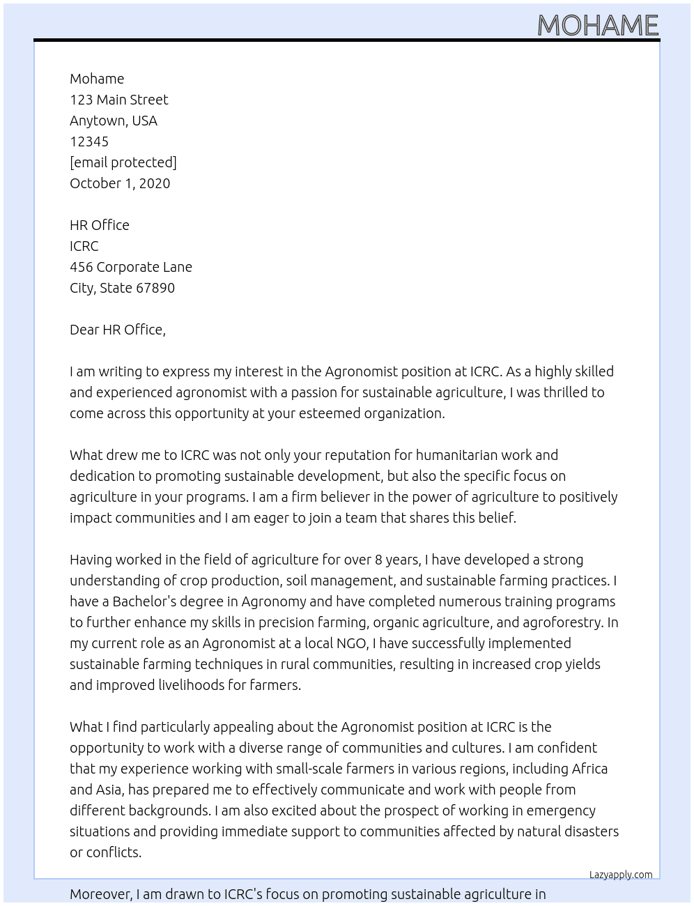Agronomist At ICRC Cover Letter