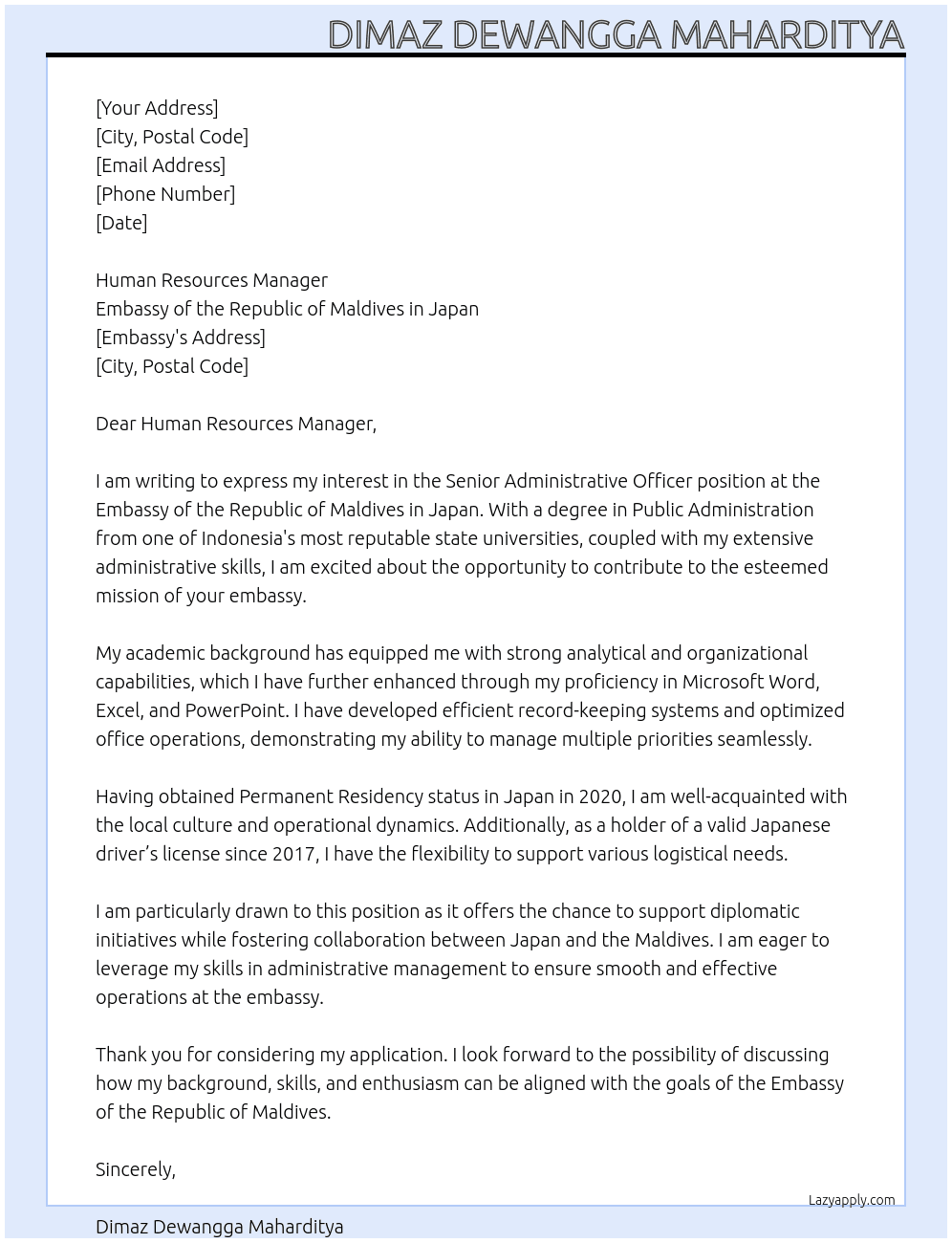 Senior Administrative Officer At Embassy of the Republic of Maldives in Japan Cover Letter