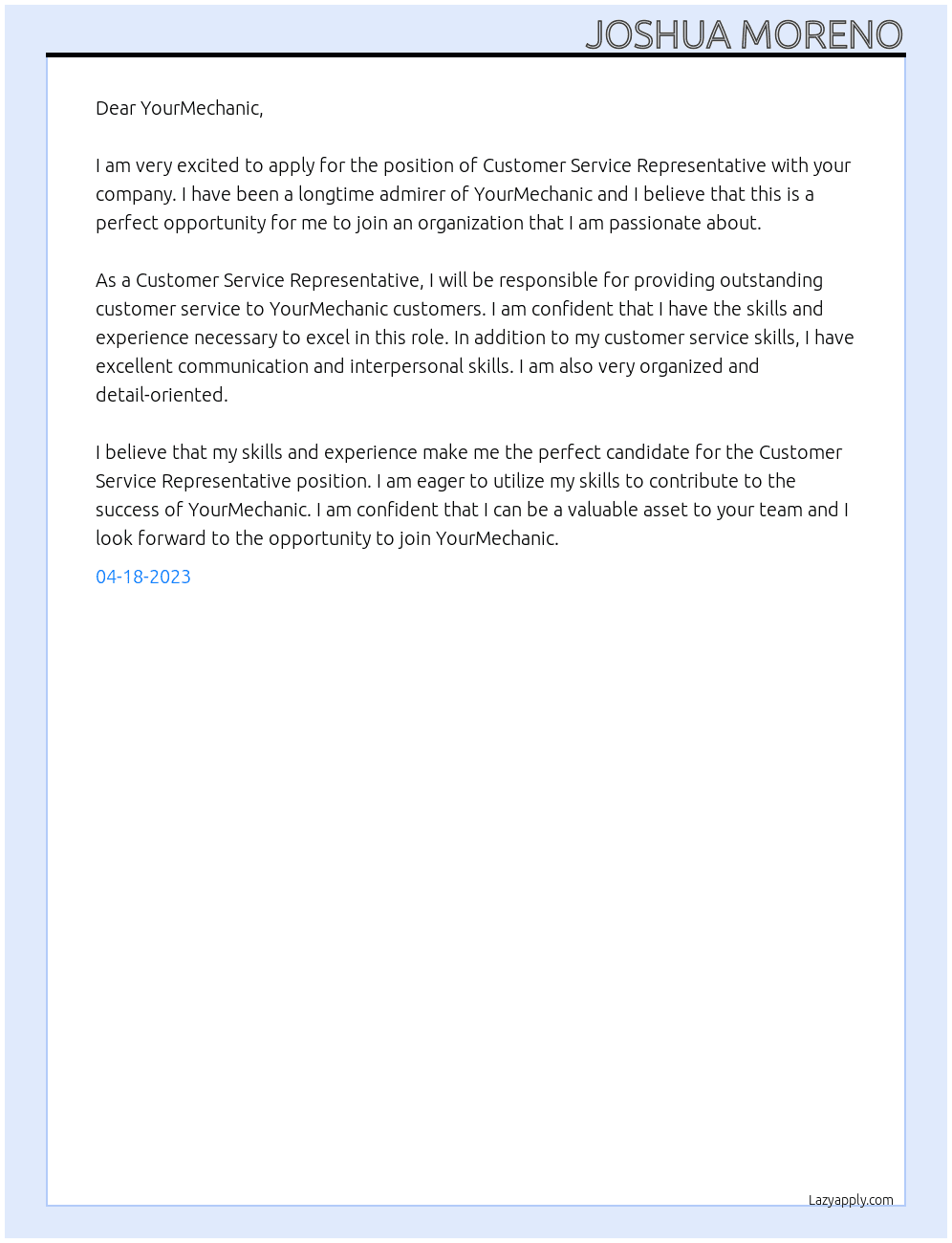 Customer Service Rep At YourMechanic Cover Letter