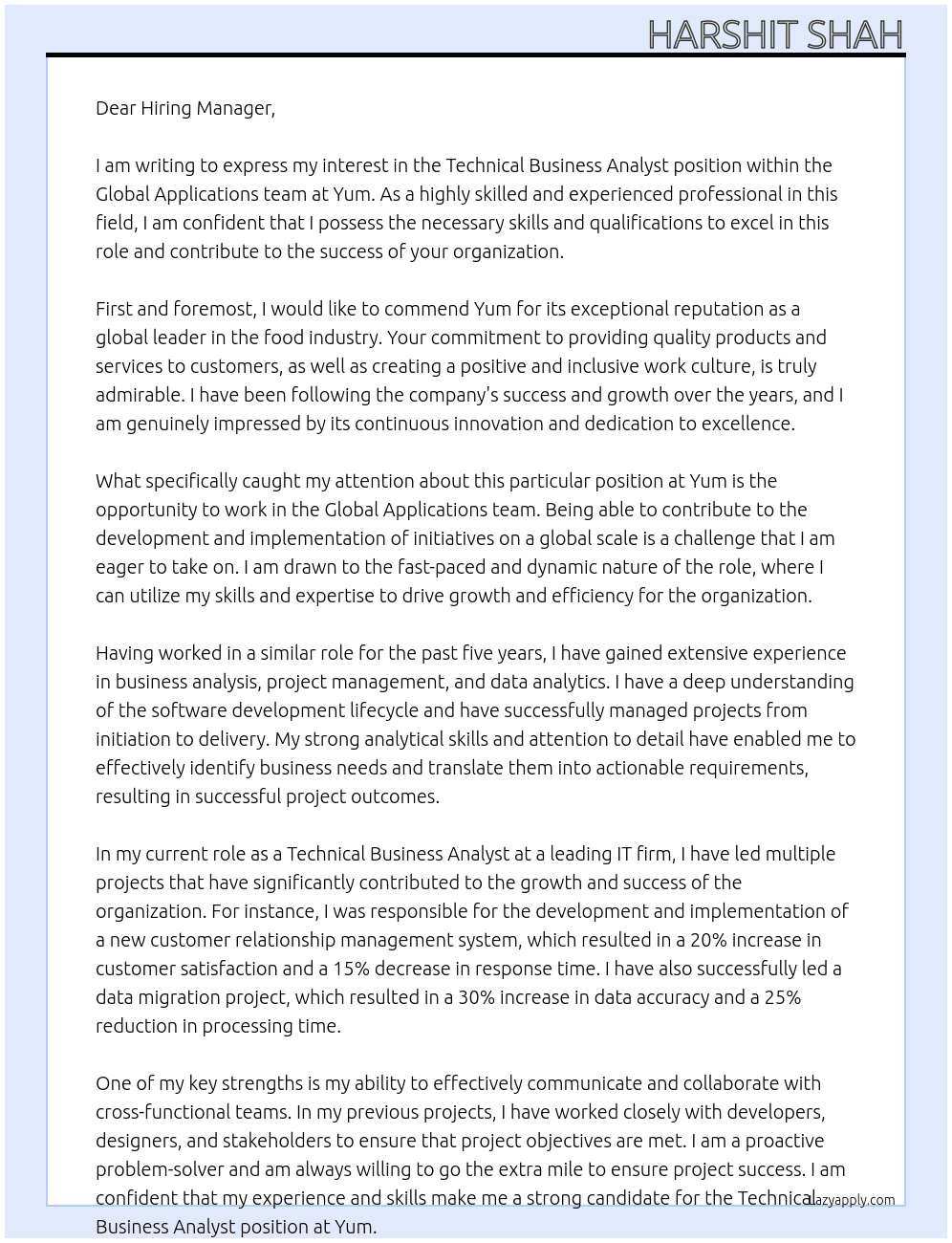 echnical Business Analyst, Global Applications At Yum Cover Letter