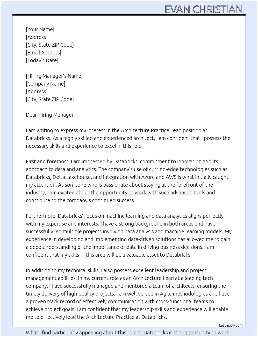 Architecture Practice Lead At Databricks  Cover Letter