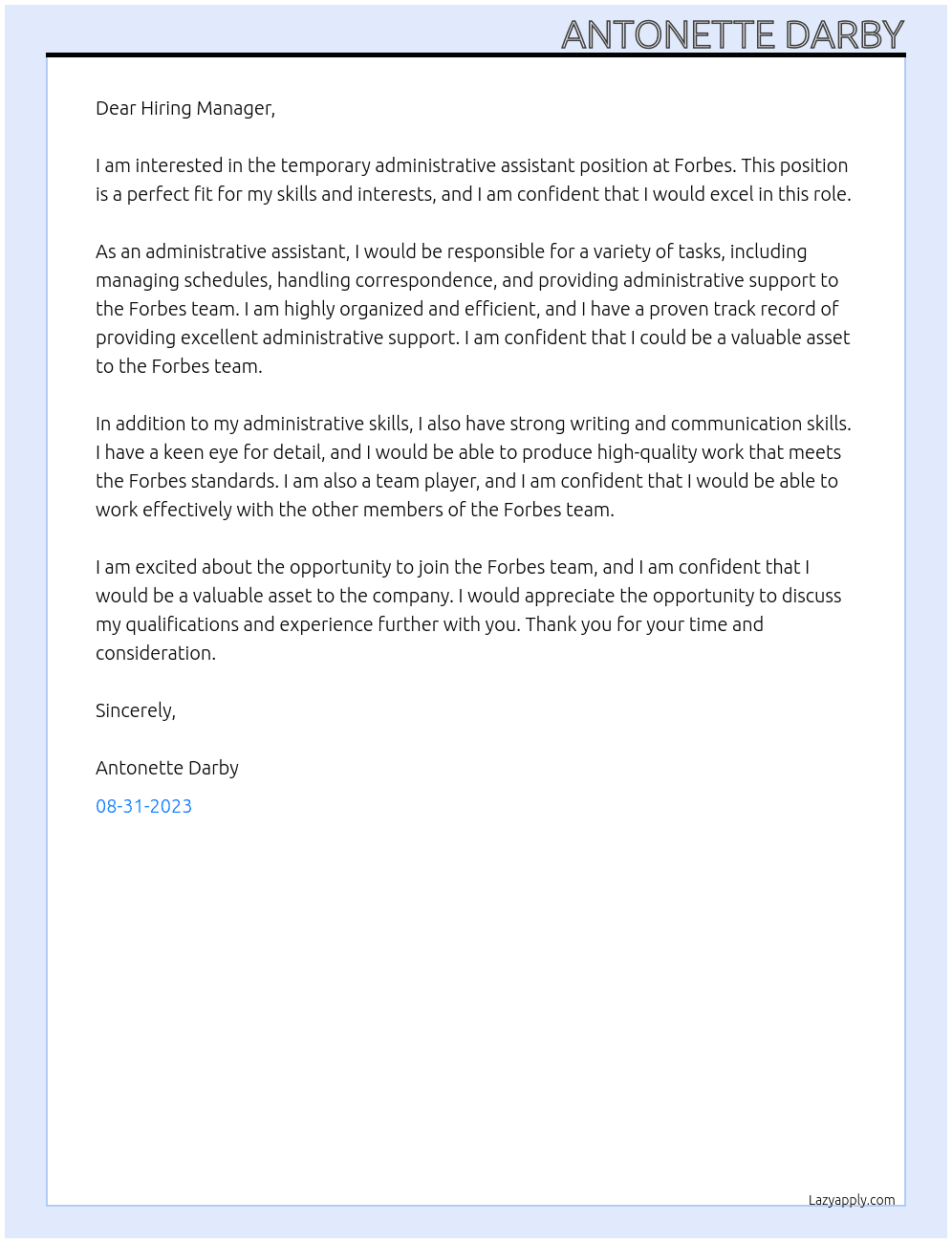 Temporary Administrative Assistant At Forbes Cover Letter