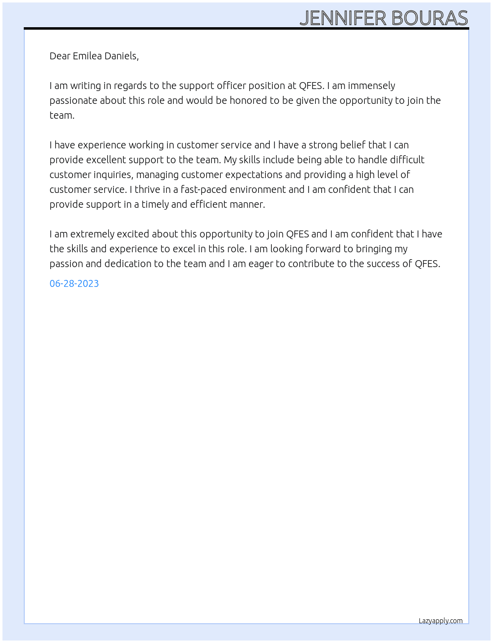 support officer At QFES Cover Letter