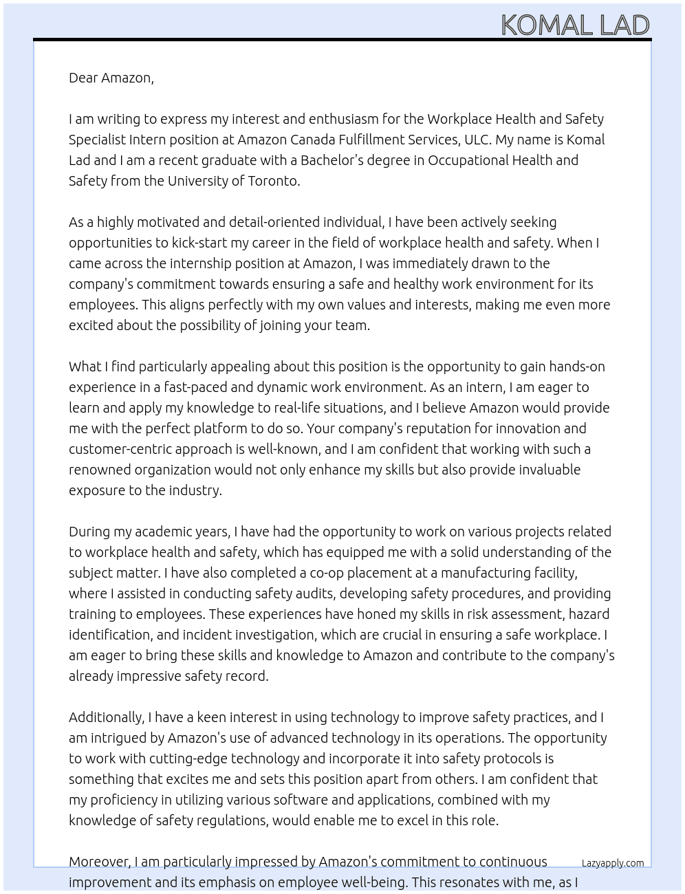 Workplace Health and Safety Specialist Intern East 2024 (Canada) At Amazon Canada Fulfillment Services, ULC. Cover Letter