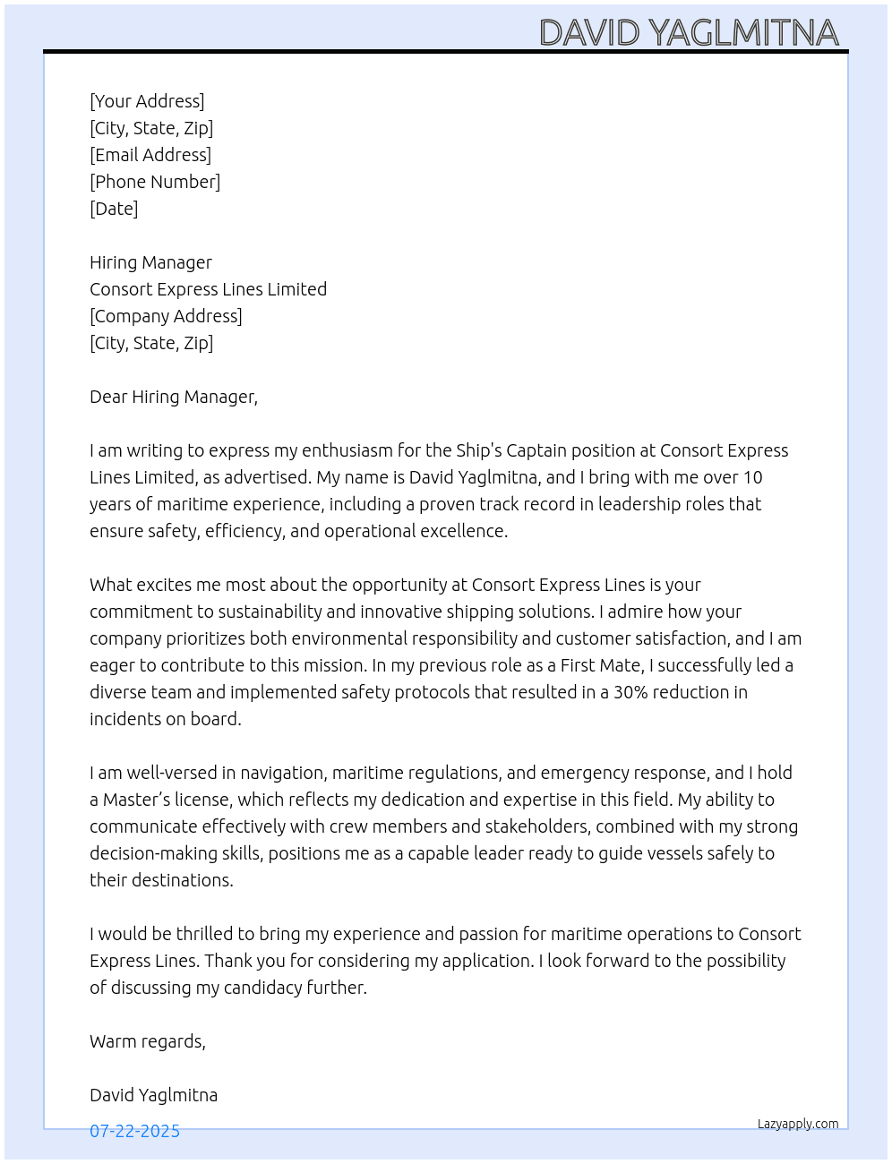 Cover letter for ship's captain - LazyApply