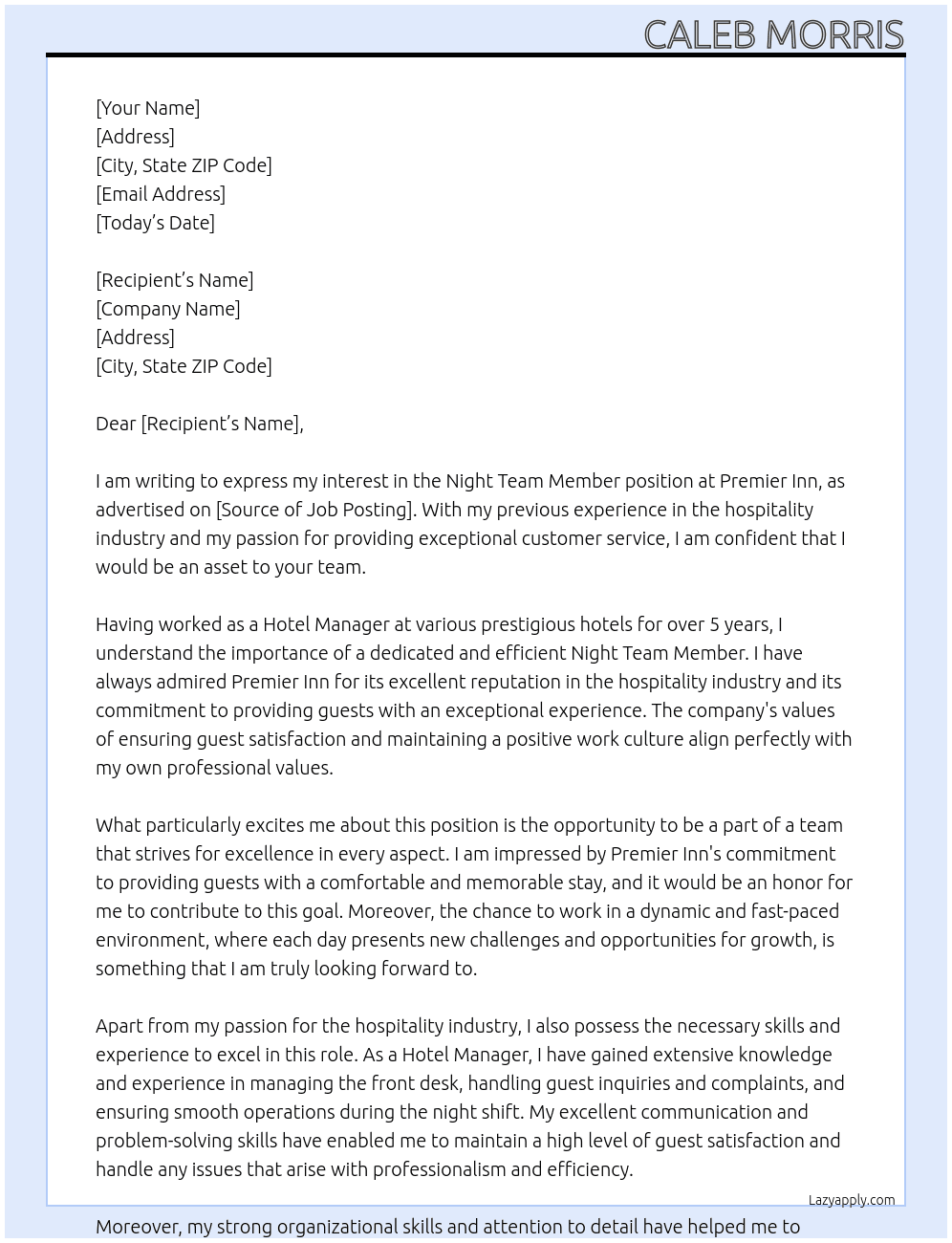 Night Team Member  At Premier Inn Cover Letter