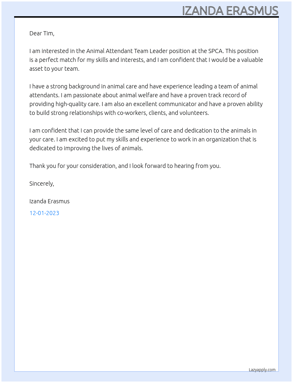 Animal Attendant Team Leader At SPCA Cover Letter