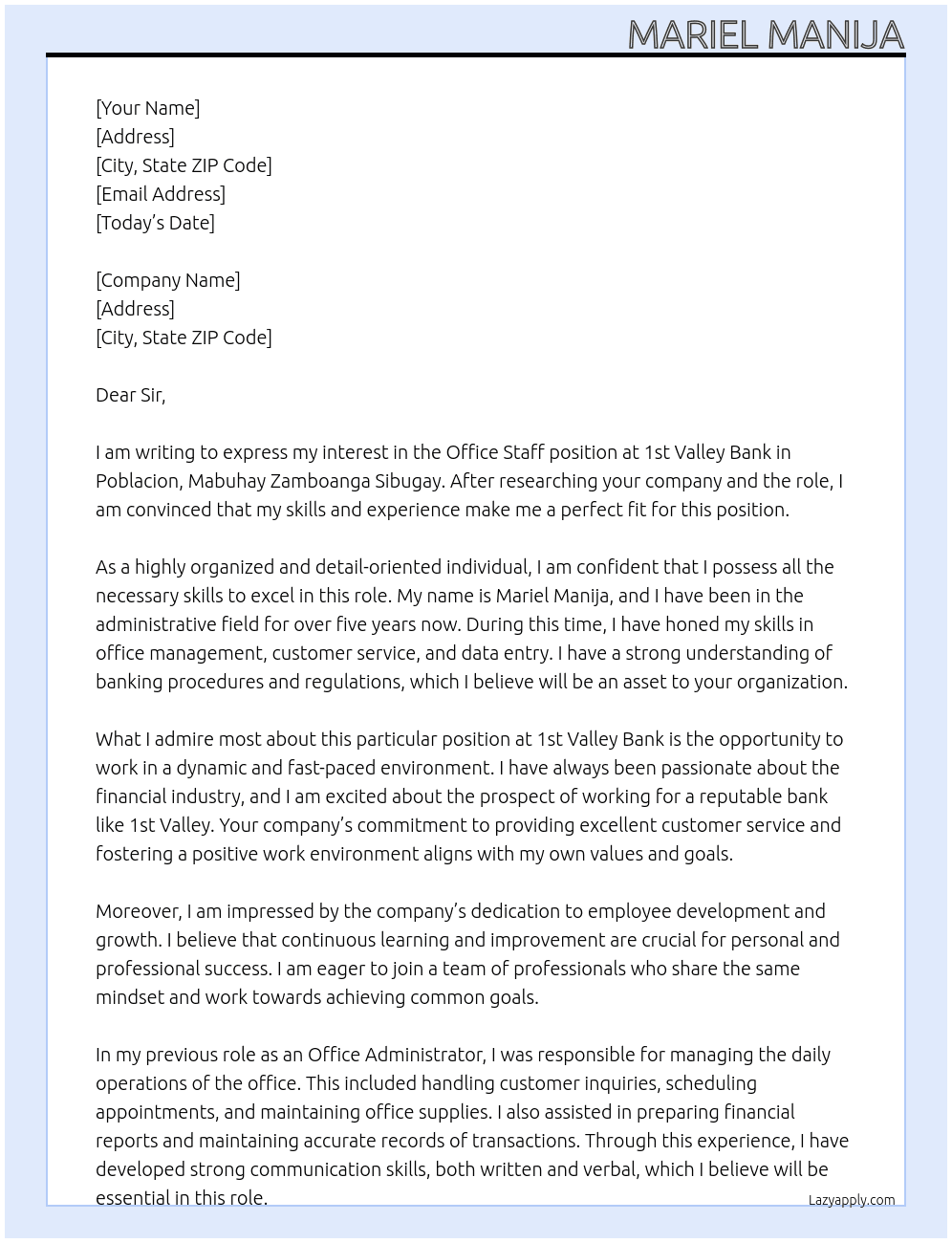 Office Staff  At 1st Valley Bank  Cover Letter