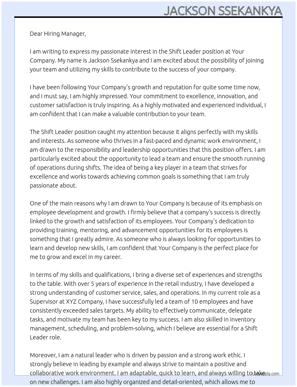 Shift leader At Your company Cover Letter