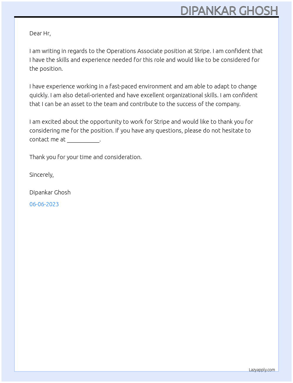 Operations Associate  At Stripe  Cover Letter