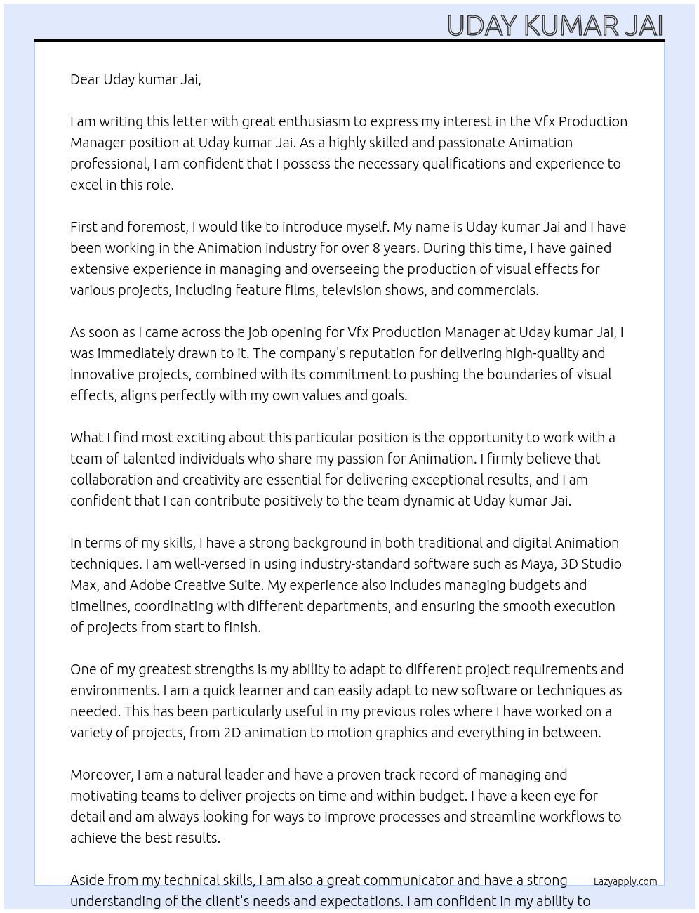 Vfx Production Manager At Uday kumar Jai Cover Letter